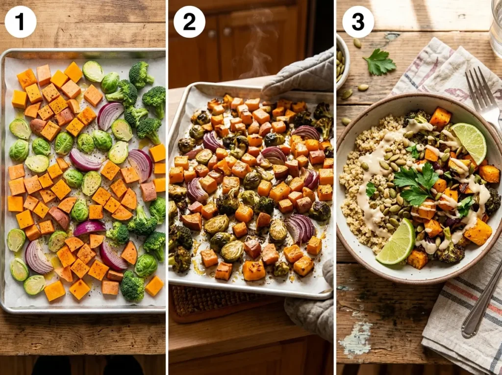 Step by step roasted veggie bowl process from raw sheet pan to assembled bowl