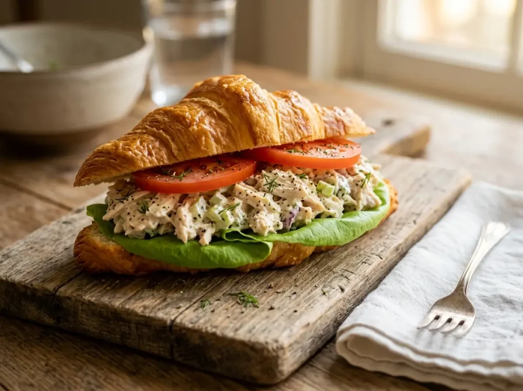 Rotisserie chicken salad recipe served on buttery croissant with lettuce and tomato on wooden board