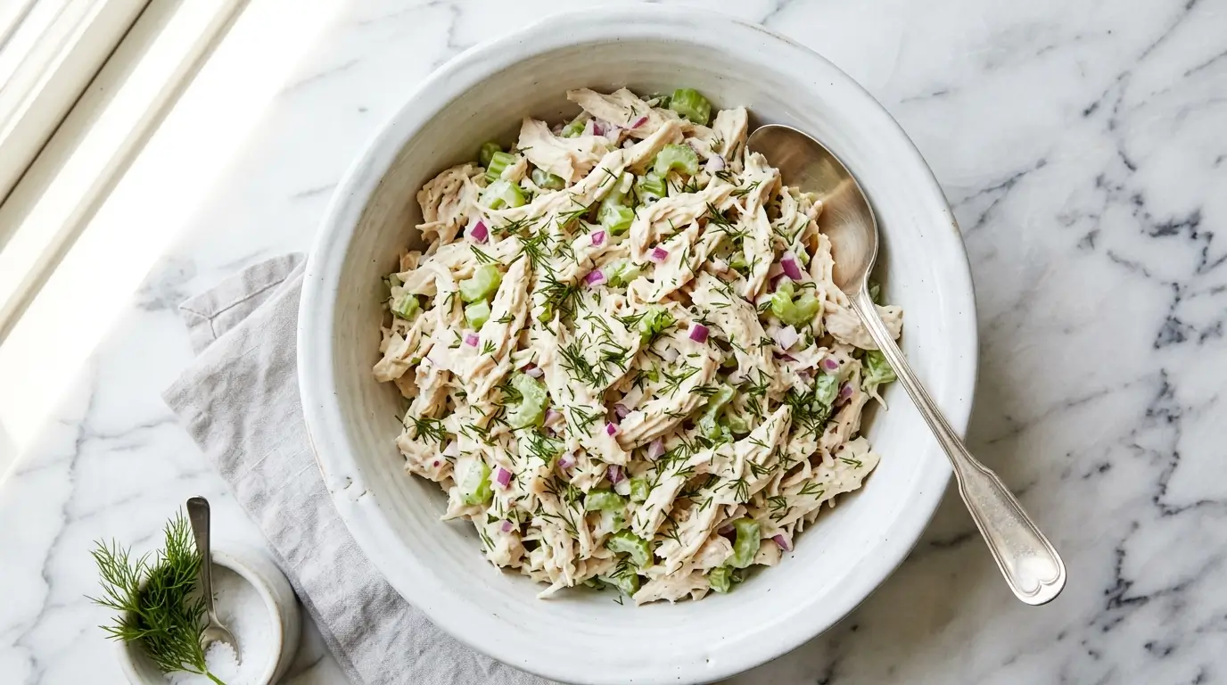 Rotisserie chicken salad recipe in white bowl with celery red onion and creamy dressing overhead
