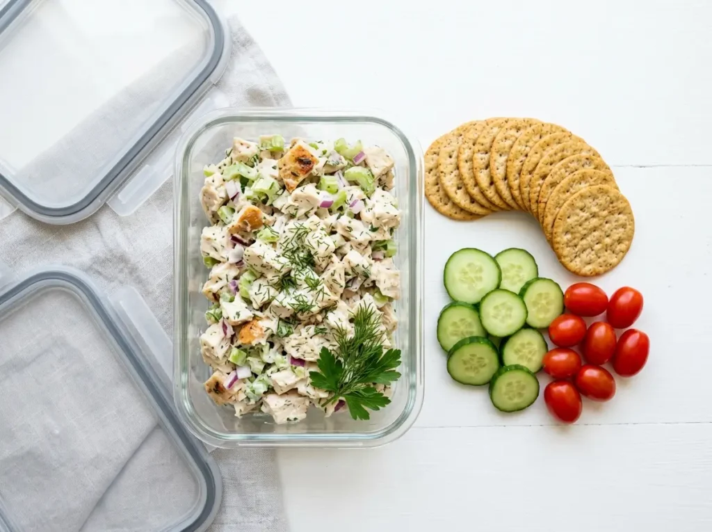 Rotisserie chicken salad recipe in glass meal prep container with crackers and veggies on side