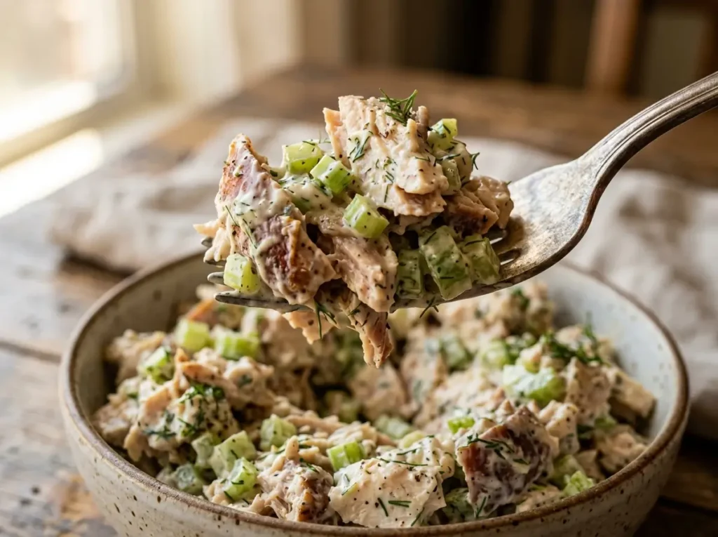 Rotisserie chicken salad creamy texture closeup with chunky chicken celery and fresh dill