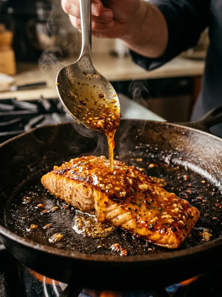 Salmon glaze recipe honey garlic glaze being spooned over salmon fillet in skillet closeup