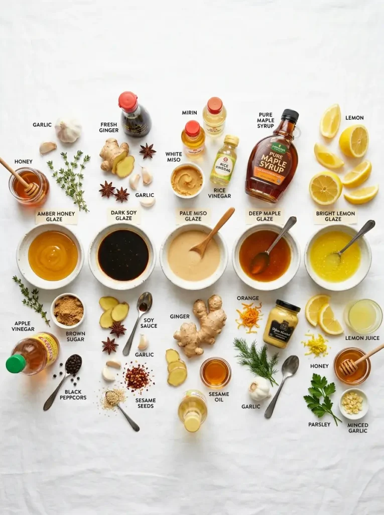 Five salmon glaze recipe variations in small bowls flat lay with ingredients overhead