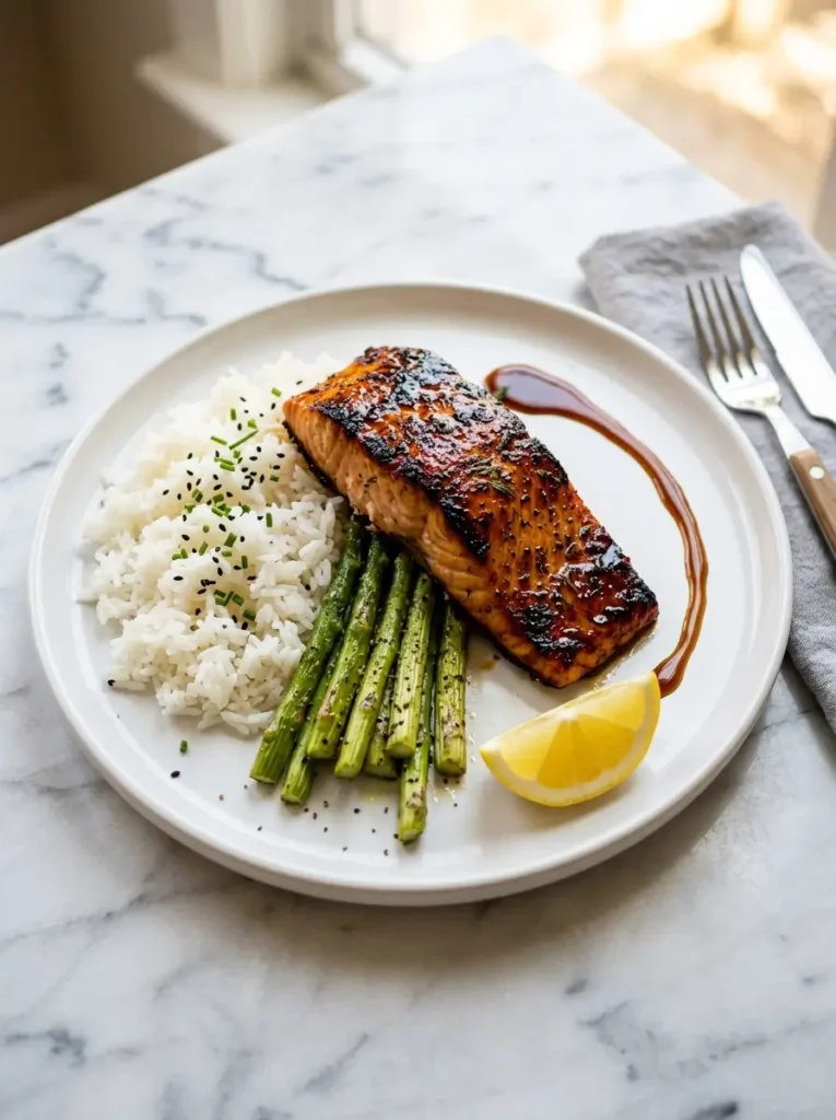 Salmon glaze recipe plated with jasmine rice asparagus and lemon wedge on white plate