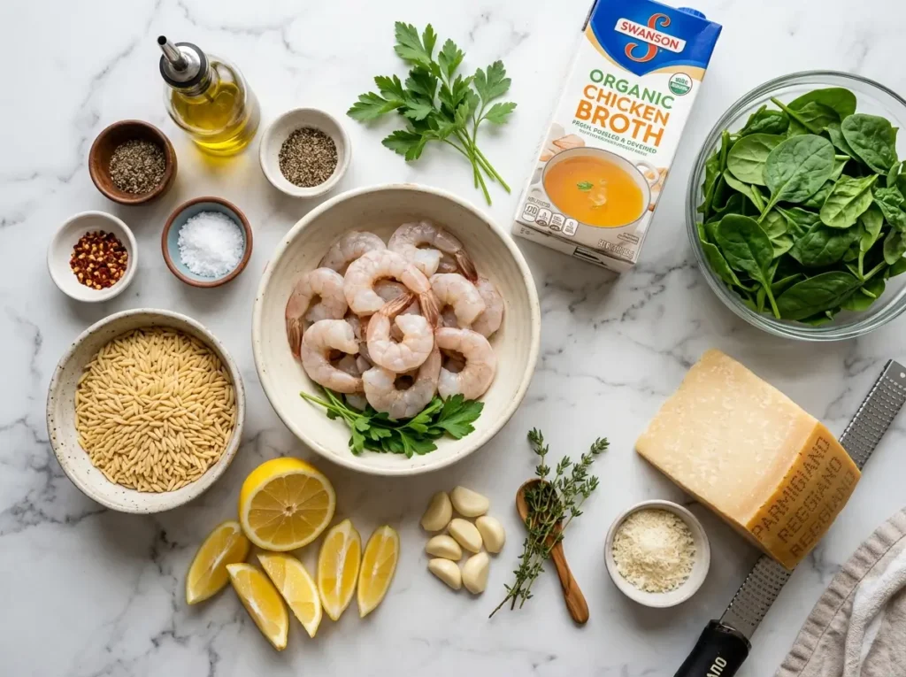 Shrimp and orzo recipe ingredients with raw shrimp orzo pasta garlic and lemon