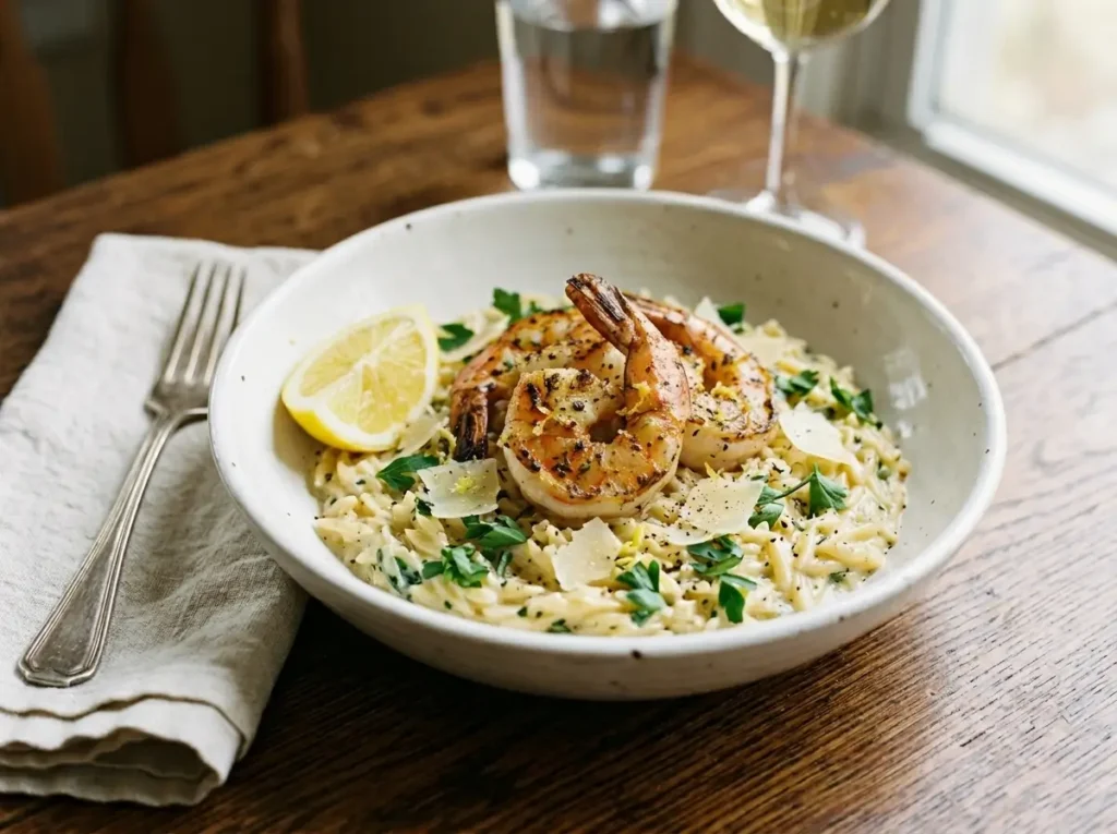 Shrimp and orzo plated in a white bowl with lemon wedge and fresh parsley