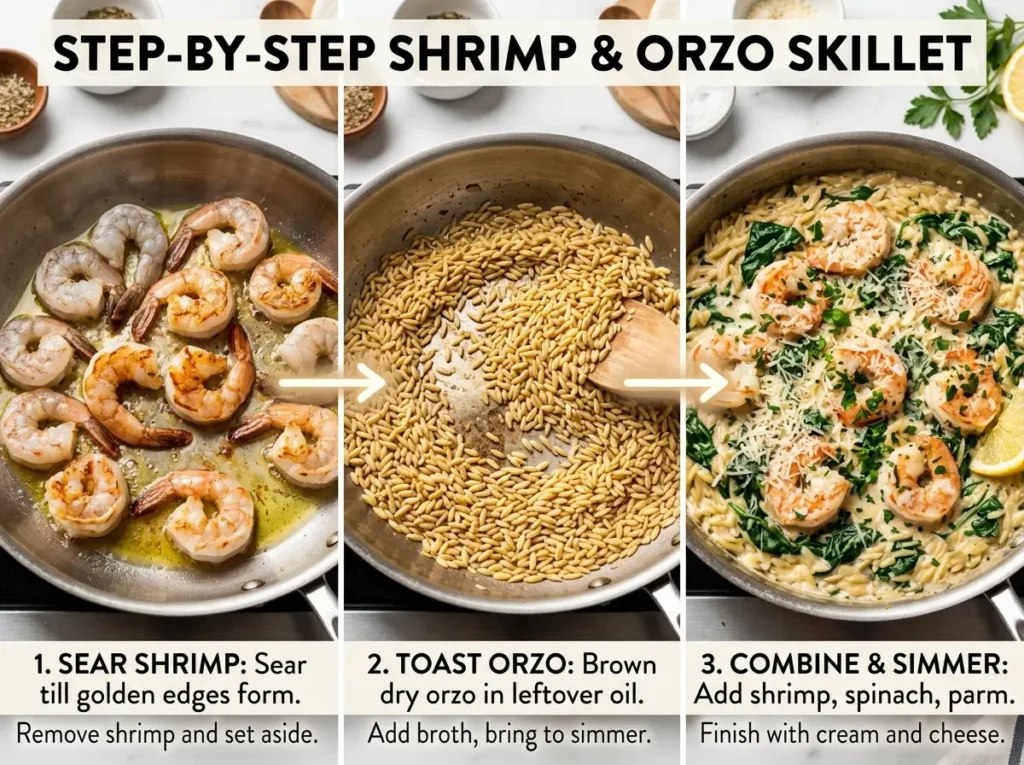 Step by step shrimp and orzo cooking process from searing to finished skillet