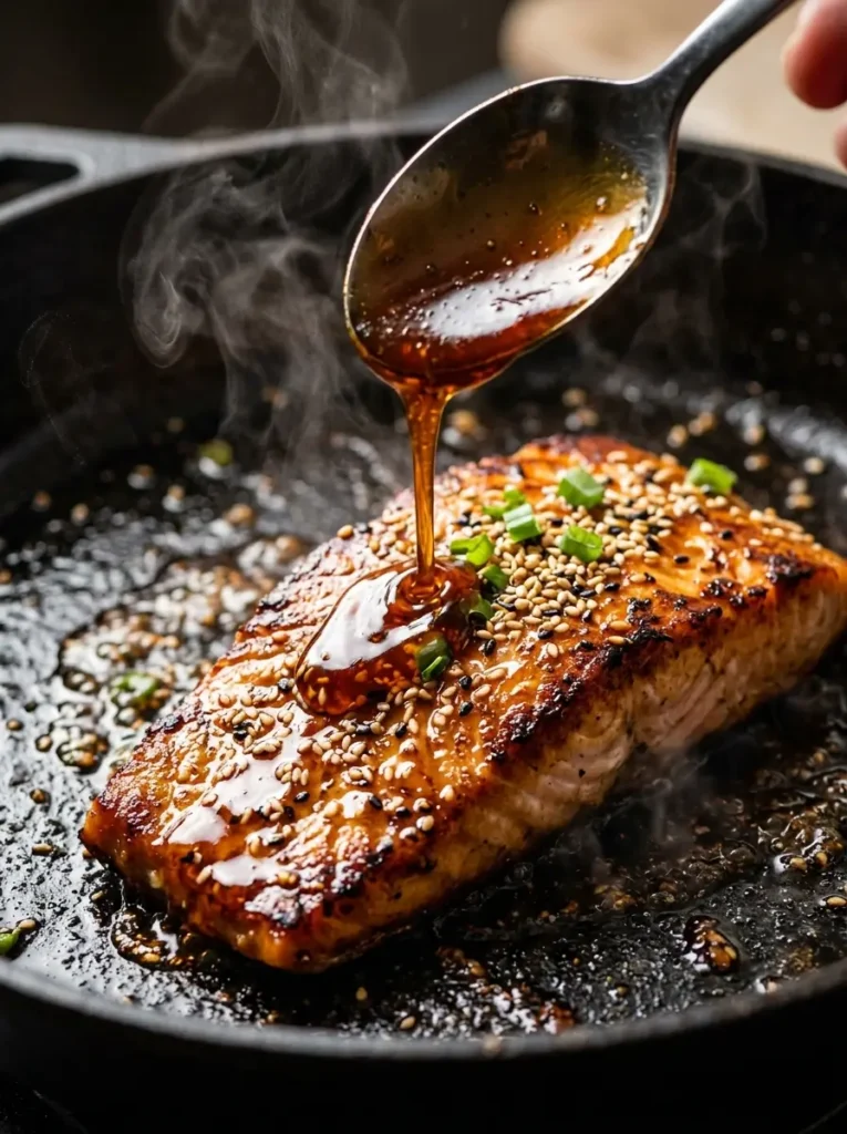 Teriyaki salmon glaze being spooned over salmon fillet in skillet showing glossy sticky texture closeup