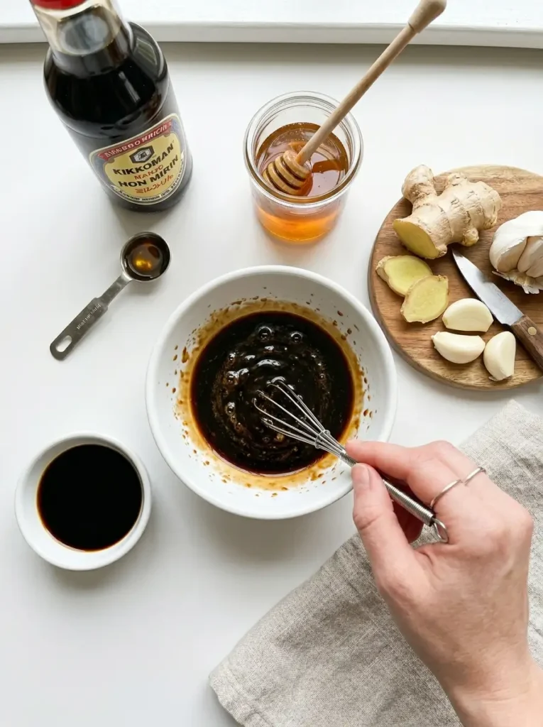 Homemade teriyaki sauce ingredients in small bowl with soy sauce mirin honey garlic and ginger