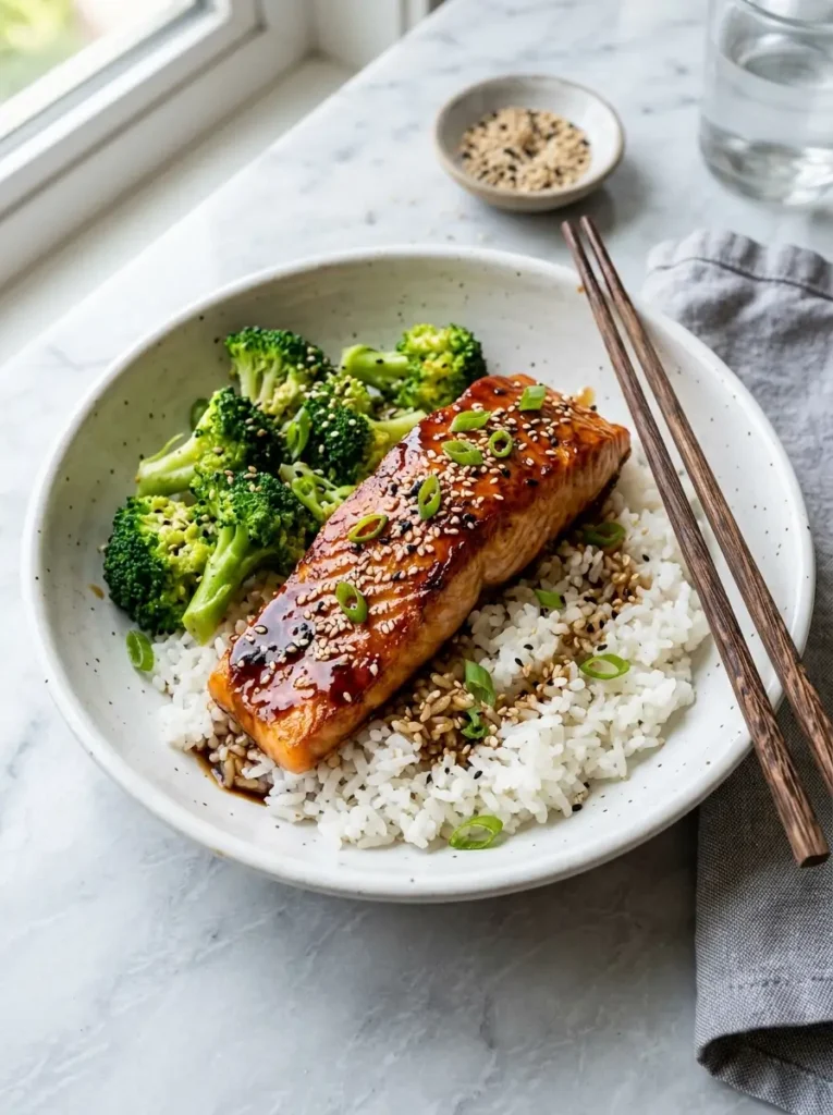 Teriyaki salmon recipe plated over white rice with steamed broccoli sesame seeds and chopsticks