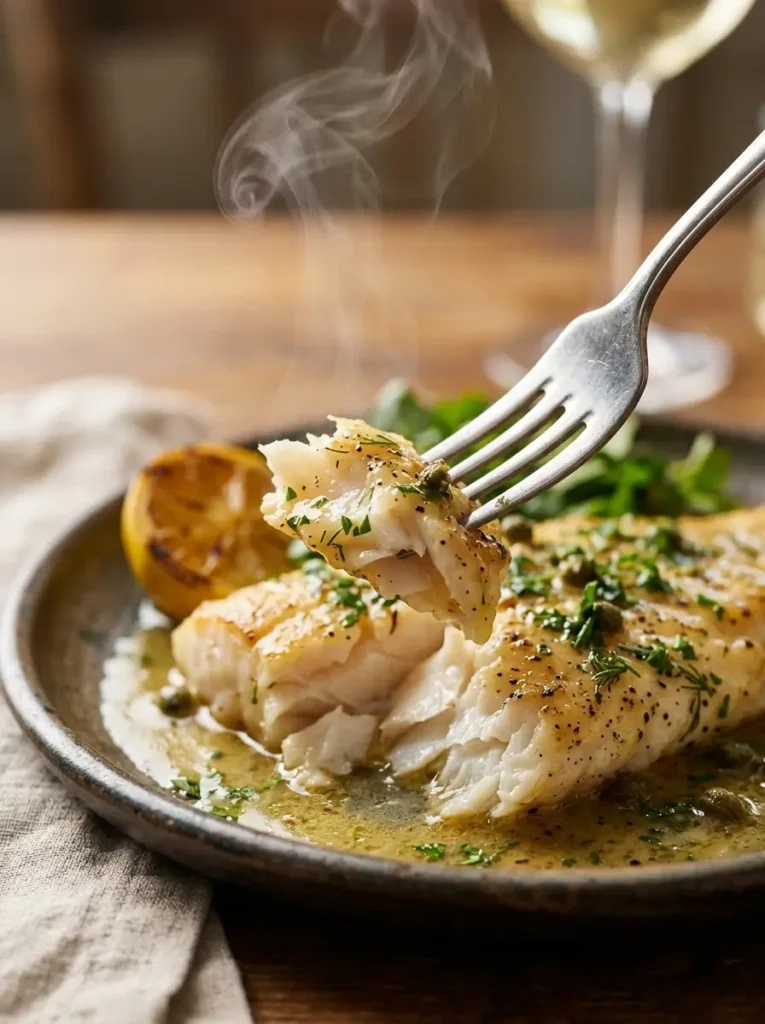 White fish recipe flaky tender fillet being lifted with fork closeup