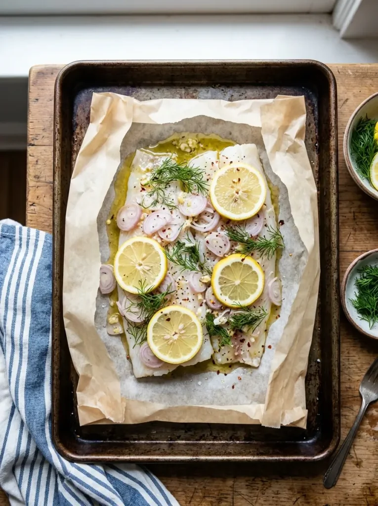 White fish recipe in parchment packet with shallots lemon slices and dill before baking