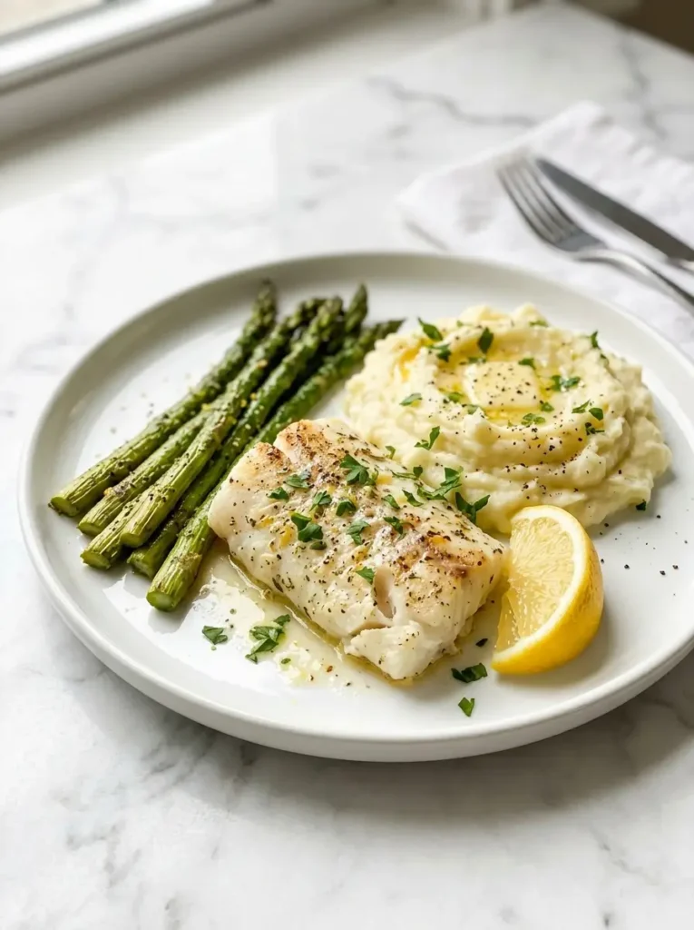 White fish recipe plated with mashed potatoes asparagus and lemon wedge on white plate