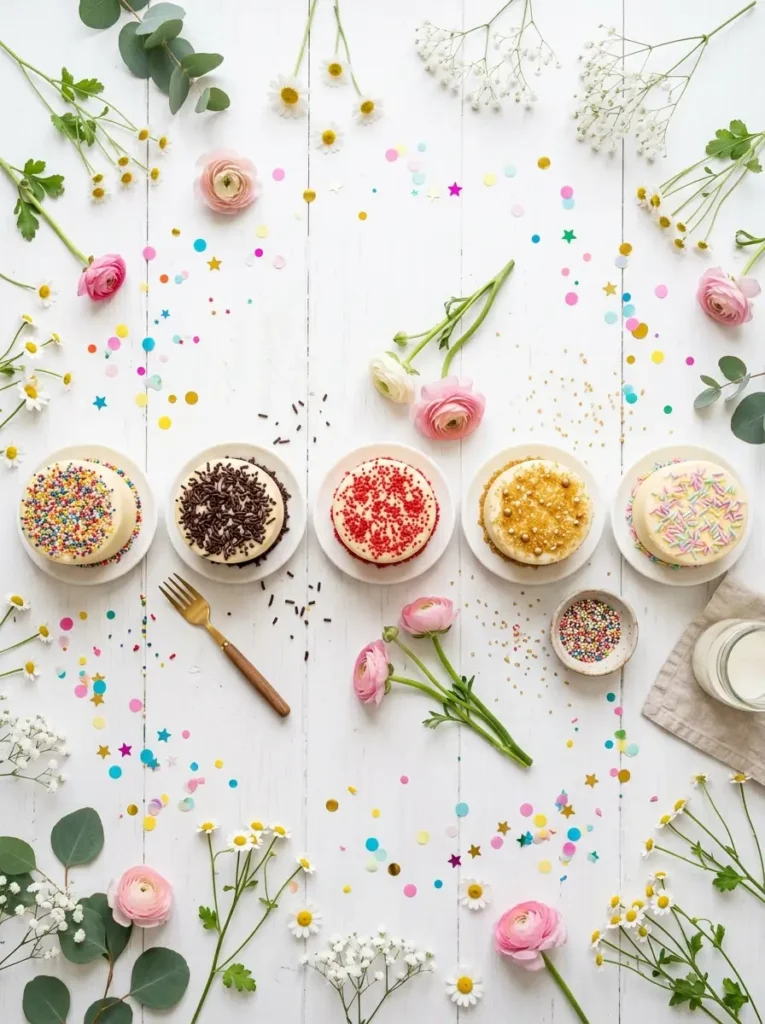 Overhead flat lay, five dot cakes in a row each with different sprinkle colors — rainbow, chocolate, red, gold, and pastel — on white table, fresh flowers scattered, party confetti, bright even natural light