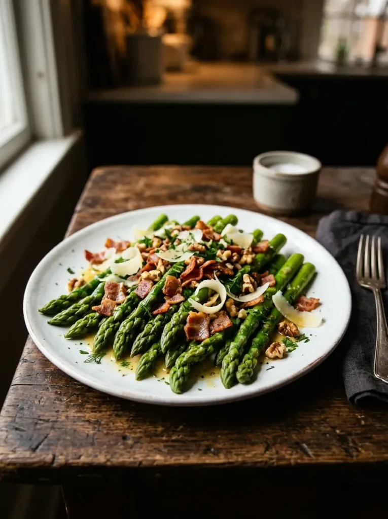 Asparagus salad recipe beef bacon parmesan walnuts honey lemon dijon dressing on white plate