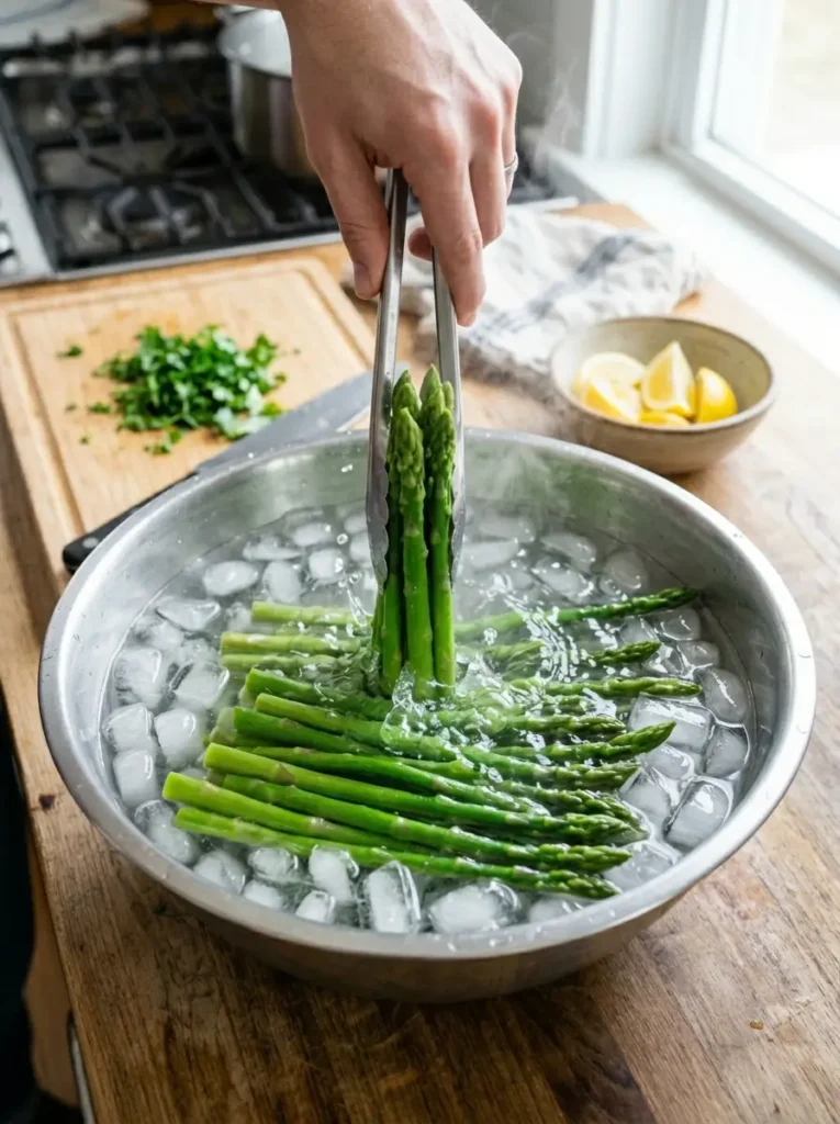 Asparagus salad recipe blanched asparagus being transferred to ice bath bowl to preserve green color