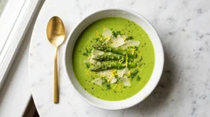 Asparagus soup recipe vibrant green bowl with asparagus tips Parmesan lemon zest garnish overhead