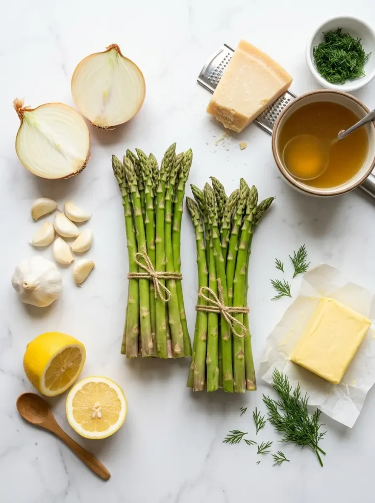 Asparagus soup recipe ingredients flat lay with fresh asparagus onion garlic lemon Parmesan broth