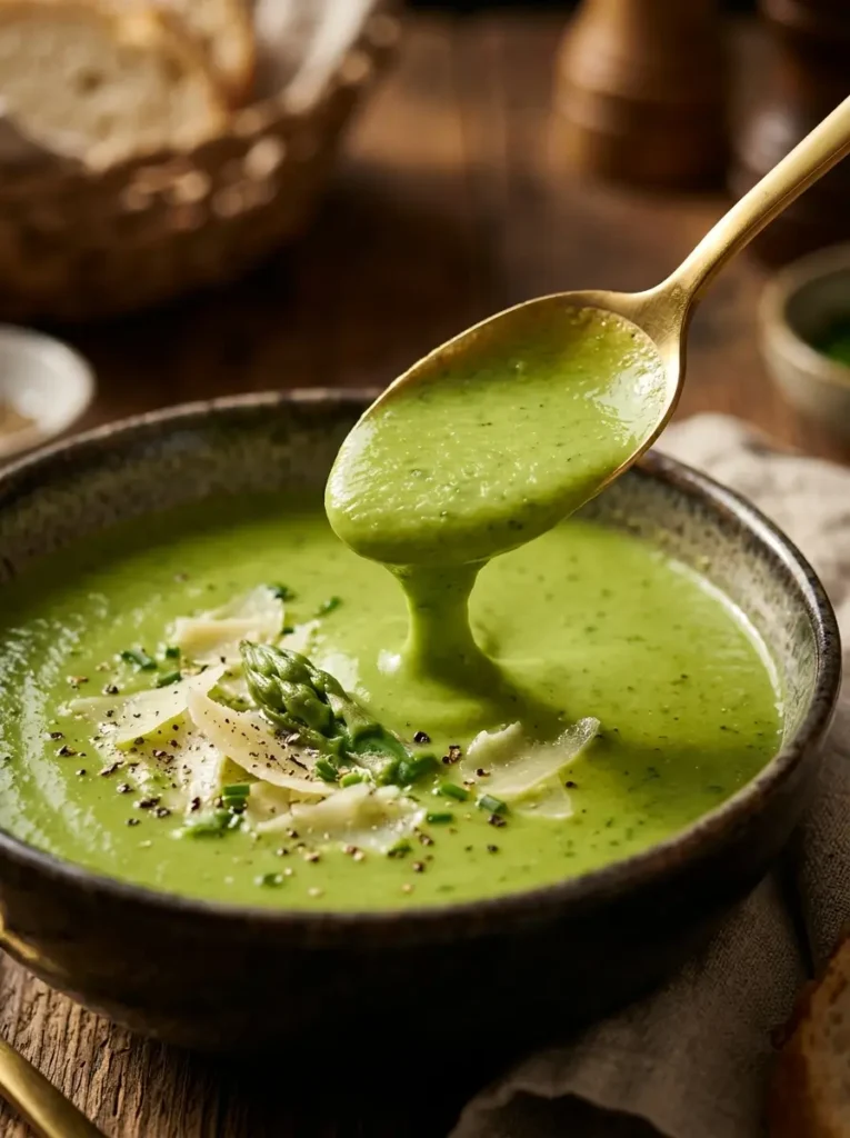 Asparagus soup recipe closeup showing silky smooth green texture with Parmesan and asparagus tips