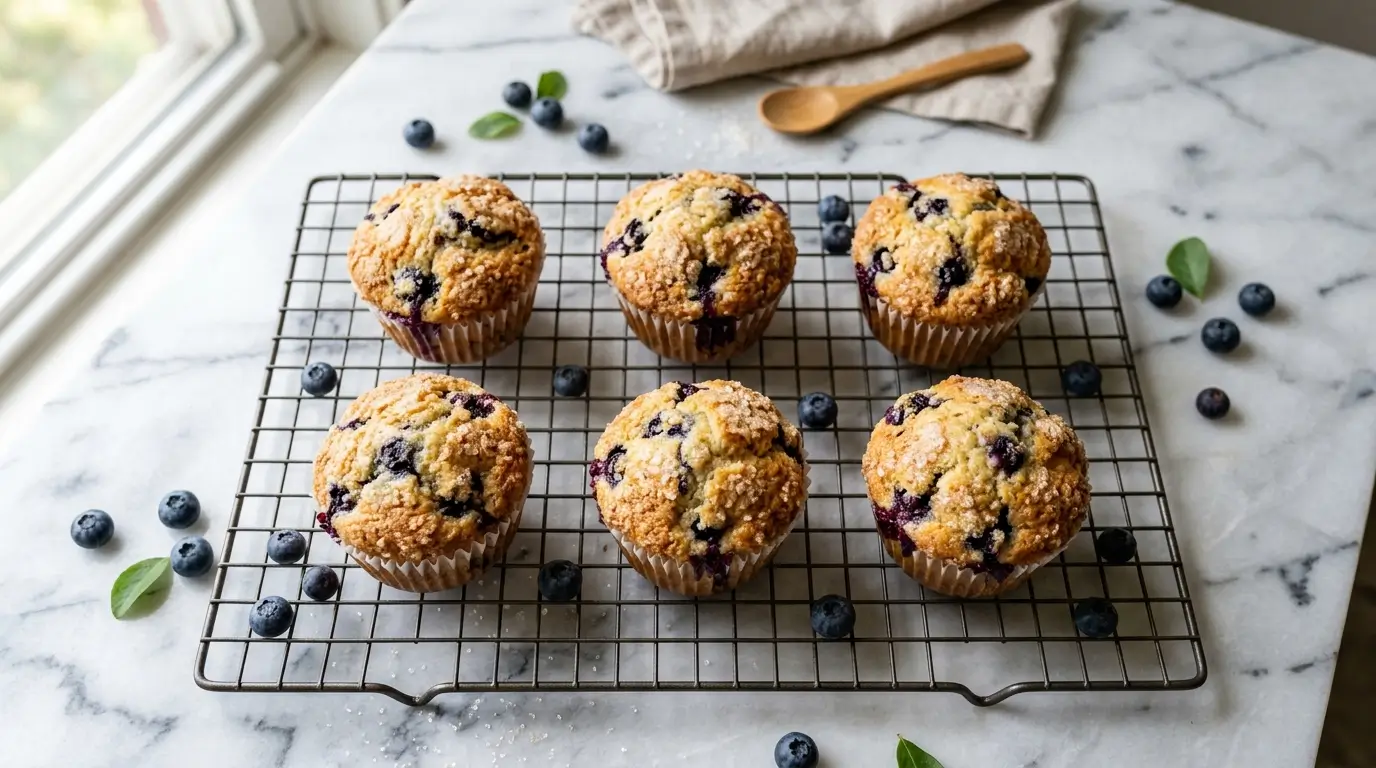 Blueberry muffins recipe golden domed tops on wire rack with fresh blueberries scattered overhead