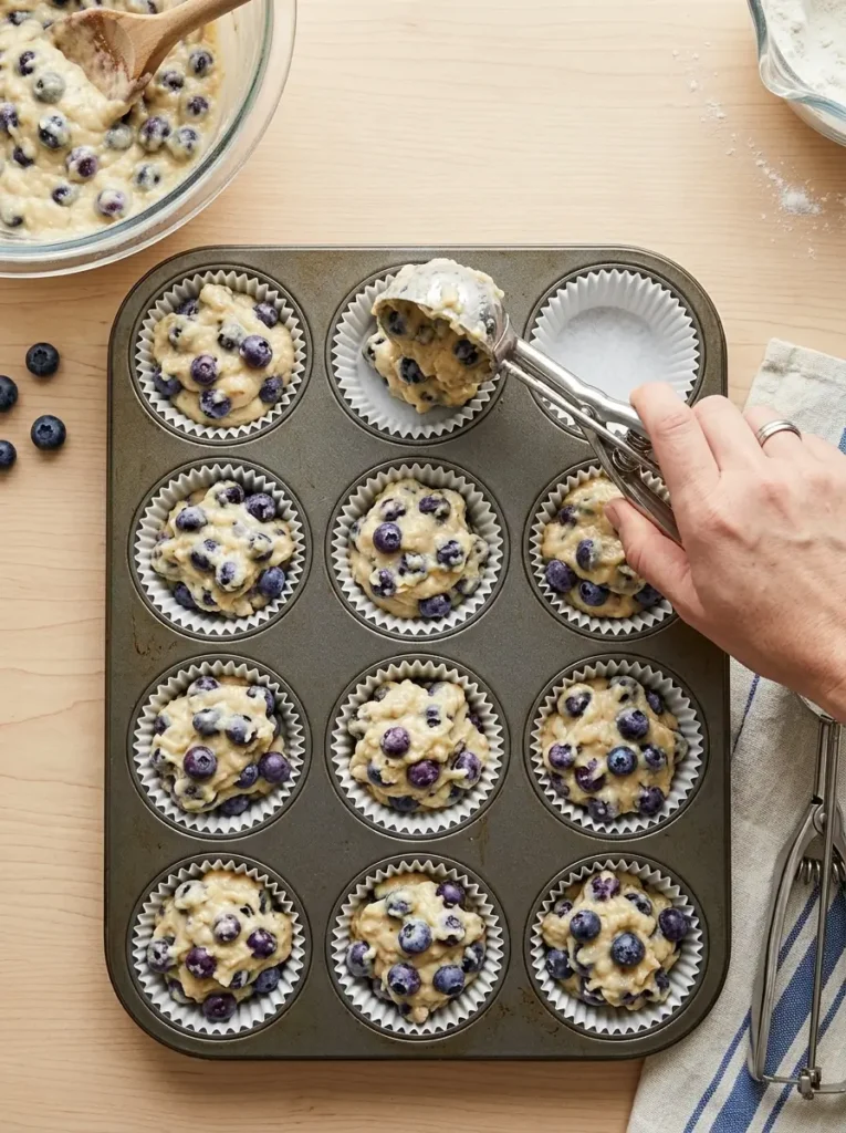 Blueberry muffins recipe batter being scooped into muffin tin with ice cream scoop