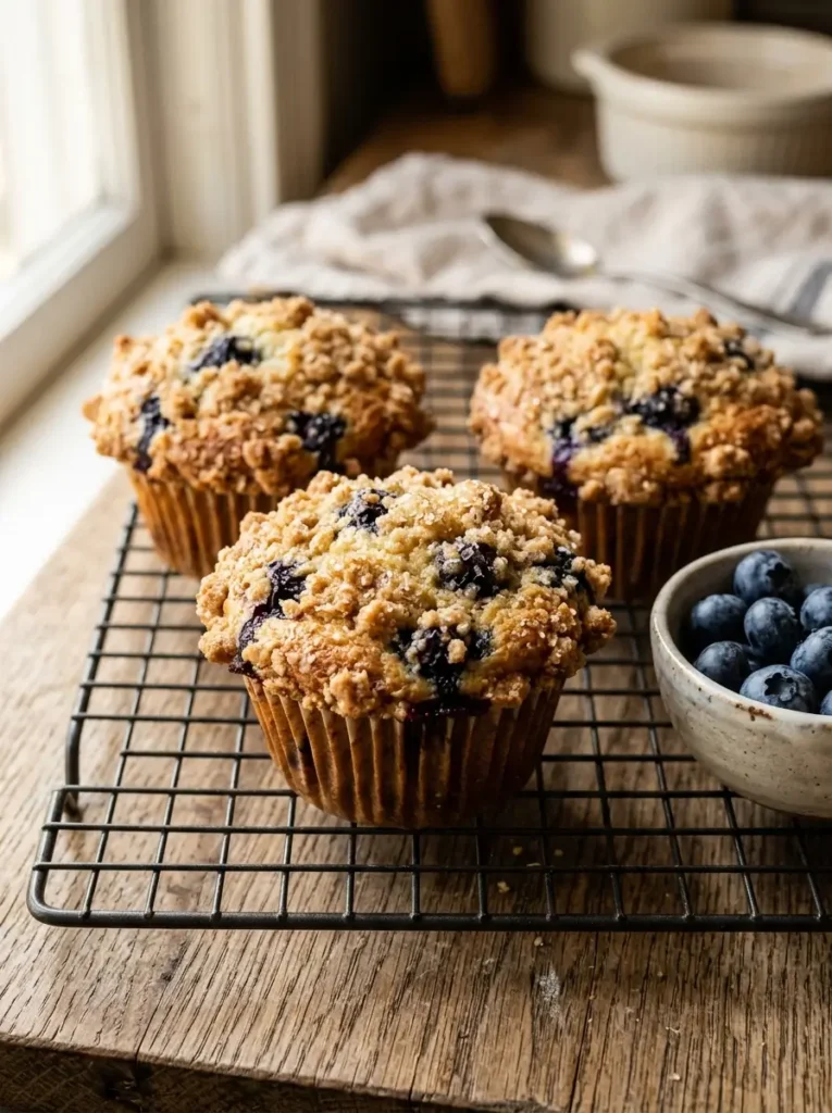 Blueberry muffins recipe with streusel crumble topping on cooling rack closeup
