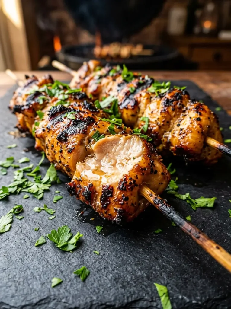 Extreme close-up, two grilled chicken skewers on a dark slate surface, deep golden-brown caramelised char marks covering the surface of each piece, glistening juicy interior visible at a cut edge, fresh parsley scattered around, warm dramatic side light, shallow depth of field