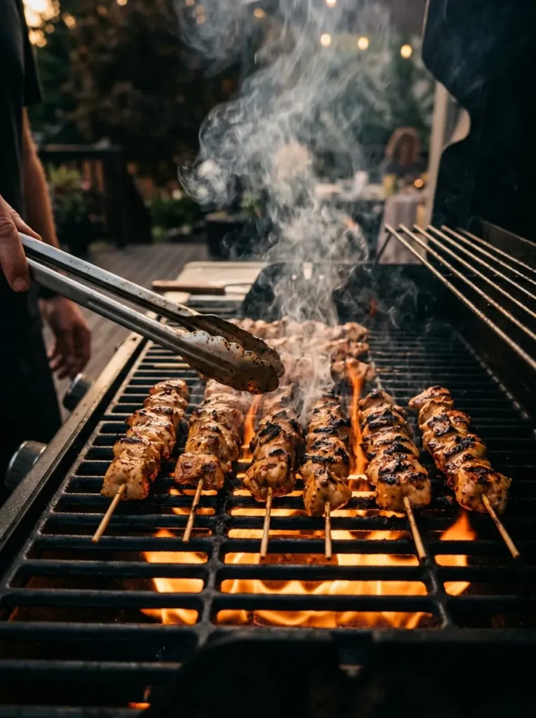 45-degree angle, hot gas grill grates with orange flames visible underneath, six chicken skewers with beautiful developing golden char marks, tongs mid-turn on one skewer, light smoke rising, warm golden summer light, dark dramatic background