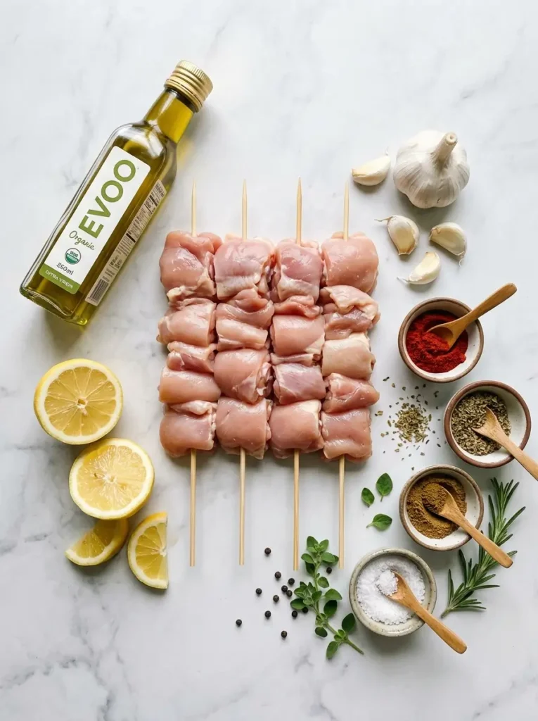 Overhead flat lay, raw boneless chicken thighs centred, bottle of olive oil, halved lemons, garlic bulb and loose cloves, small bowls of smoked paprika, dried oregano, cumin, and kosher salt, fresh herbs alongside, clean white background, soft even natural light
