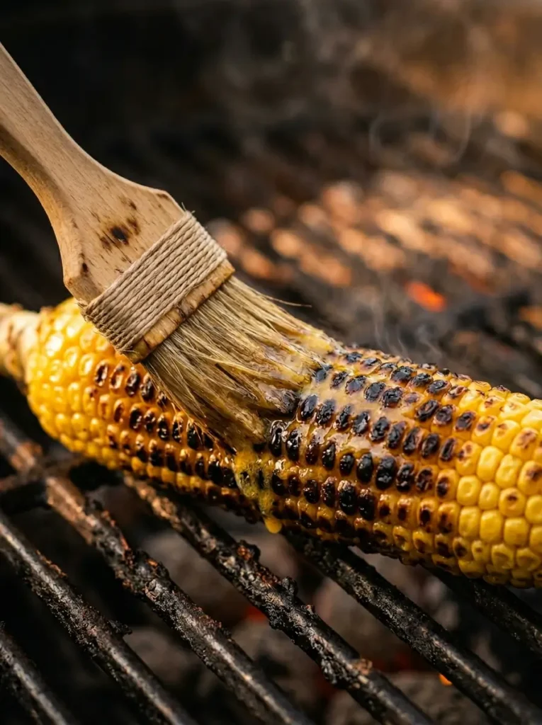 Extreme close-up, pastry brush laden with melting golden butter being slathered over a just-grilled charred corn cob, dark grill marks visible beneath the butter, steam rising slightly, warm dramatic side light, shallow depth of field