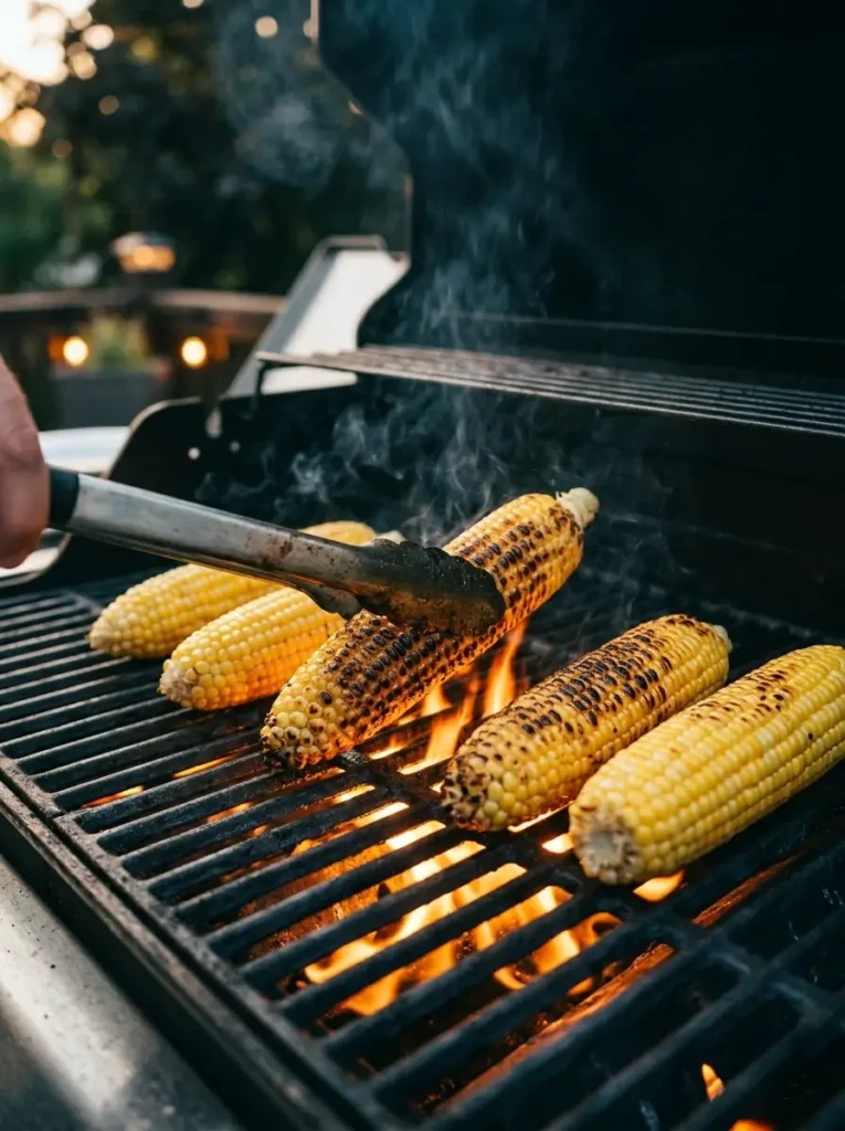 Corn on the Cob on the Grill ,45-degree angle, hot gas grill grates with orange flames visible underneath, four shucked corn ears with beautiful developing char marks, tongs mid-turn on one ear, smoke rising, warm golden summer light, dark background