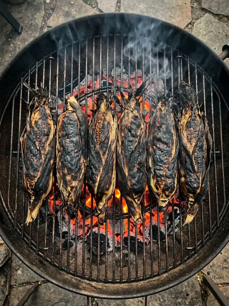 Overhead looking down at a charcoal grill grate, six ears of corn still in their husks with the outer husk layers deeply charred and dark, light smoke wisping upward, visible glow of charcoal beneath the grates, dramatic natural light