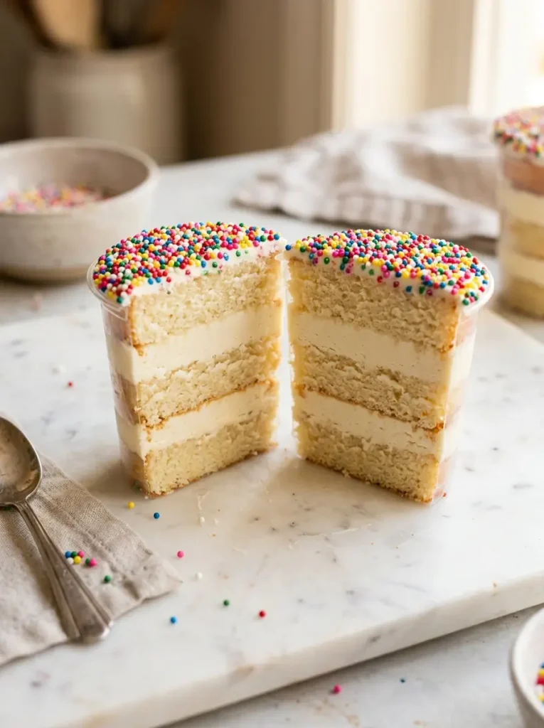 45-degree angle, one dot cake cup cut cleanly in half, soft vanilla sponge layers visible inside, creamy white buttercream between layers, rainbow nonpareil crust on top, white marble surface, soft warm side light