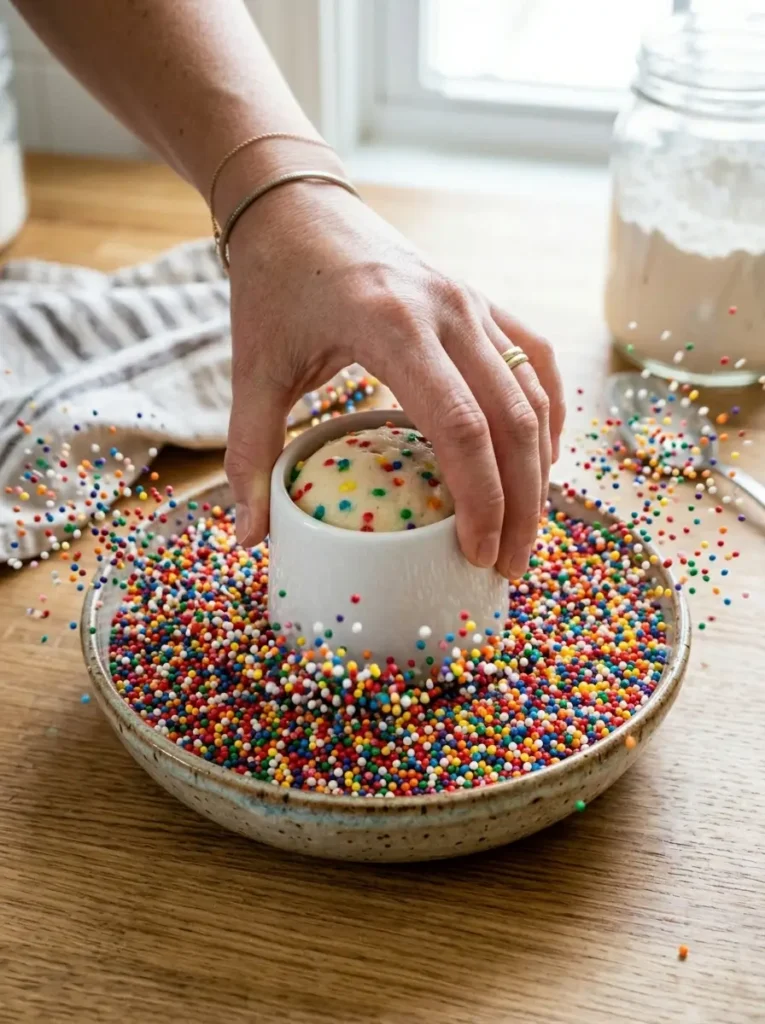 Overhead action shot, small straight-sided cup being pressed top-down into a shallow bowl overflowing with rainbow nonpareils, sprinkles tumbling around the edge, hands visible mid-dunk, bright clean natural light