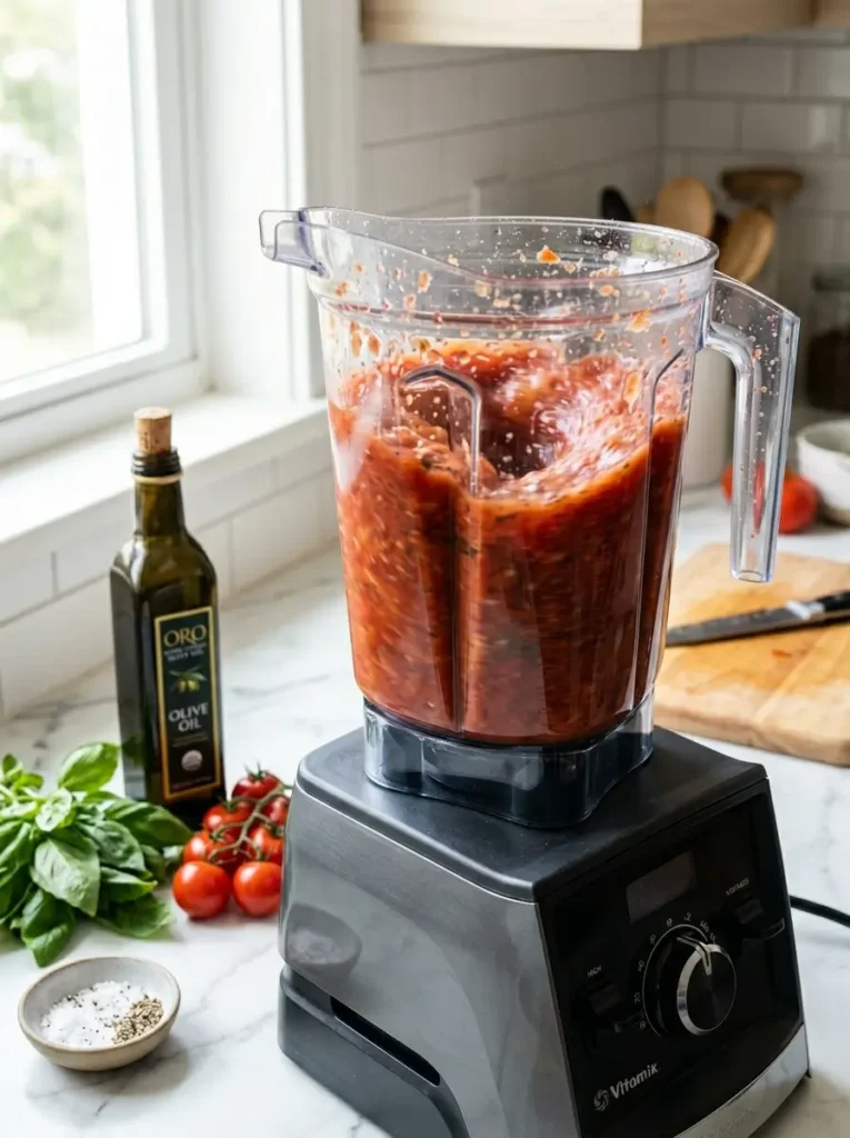 45-degree angle, high-powered blender filled with chopped deep-red ripe tomatoes, cucumber chunks, red pepper pieces and garlic cloves, lid on mid-blend with vivid red liquid visible through the sides, fresh basil and olive oil bottle alongside on white marble, bright natural kitchen light