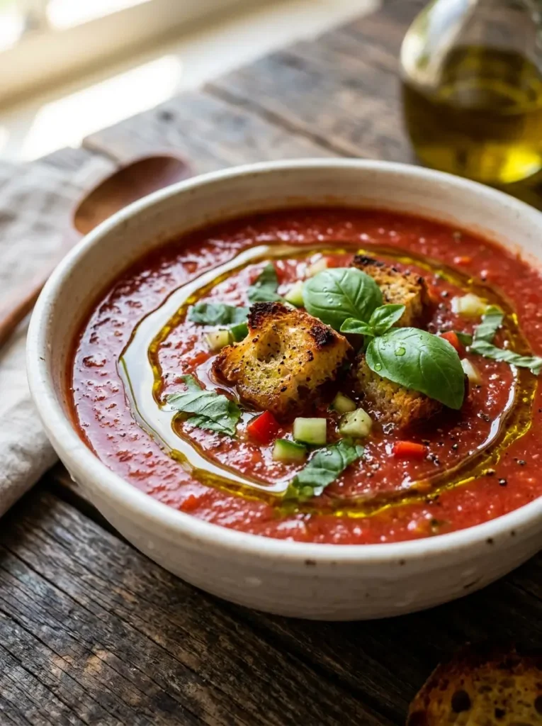 Extreme close-up, vivid deep-red gazpacho in a white bowl, golden olive oil swirled decoratively across the surface catching the light, three golden croutons, torn fresh basil, tiny diced cucumber cubes as garnish, warm dramatic side light, shallow depth of field