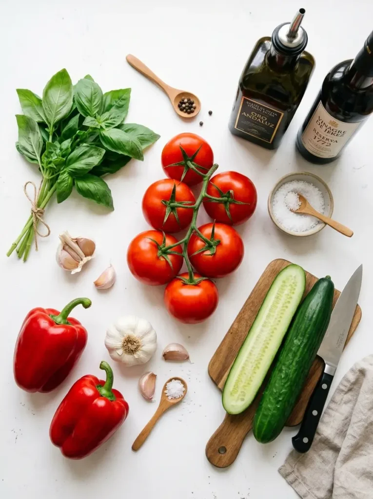 Overhead flat lay, six deeply red vine-ripened tomatoes centred, whole cucumber halved lengthwise, two red bell peppers, garlic bulb and loose cloves, bottle of extra virgin olive oil, bottle of sherry vinegar, small bowl of kosher salt, fresh basil bunch, clean white background, soft even natural light