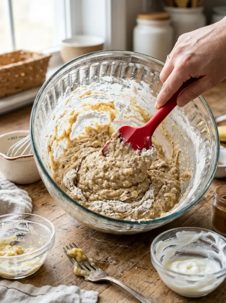 45-degree angle, large glass mixing bowl, thick banana bread batter being folded with a red rubber spatula, visible banana flecks and just-combined flour streaks, small bowl of Greek yogurt alongside, bright clean natural kitchen light