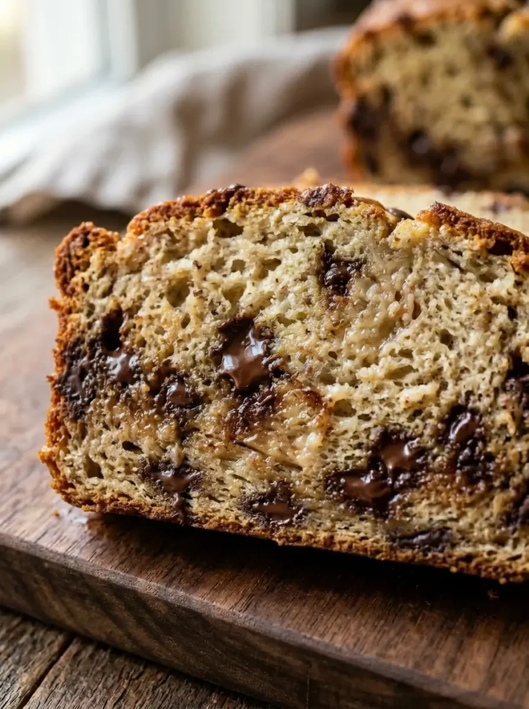 Extreme close-up, single thick slice of Greek yogurt banana bread lying flat, ultra-moist pale golden crumb visible with scattered melted chocolate chip pockets, golden-brown crust edge visible, warm dramatic side light, shallow depth of field