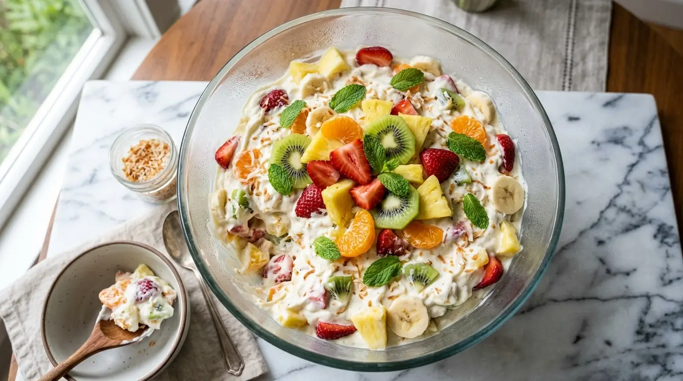 Overhead angle, large wide glass serving bowl filled with Hawaiian cheesecake salad, visible chunks of strawberry, pineapple, kiwi slices, mandarin segments, and banana coins coated in luscious white cheesecake cream, scattered fresh mint leaves, white marble surface, bright natural window light