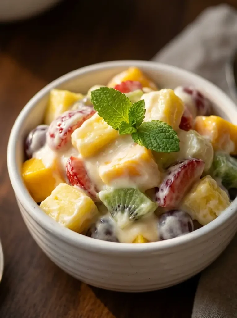Extreme close-up, individual serving of Hawaiian cheesecake salad in a white bowl, every piece of fruit visibly coated in thick, glossy white cheesecake cream, single fresh mint sprig garnish, warm dramatic side light emphasising the creaminess and colour contrast, shallow depth of field