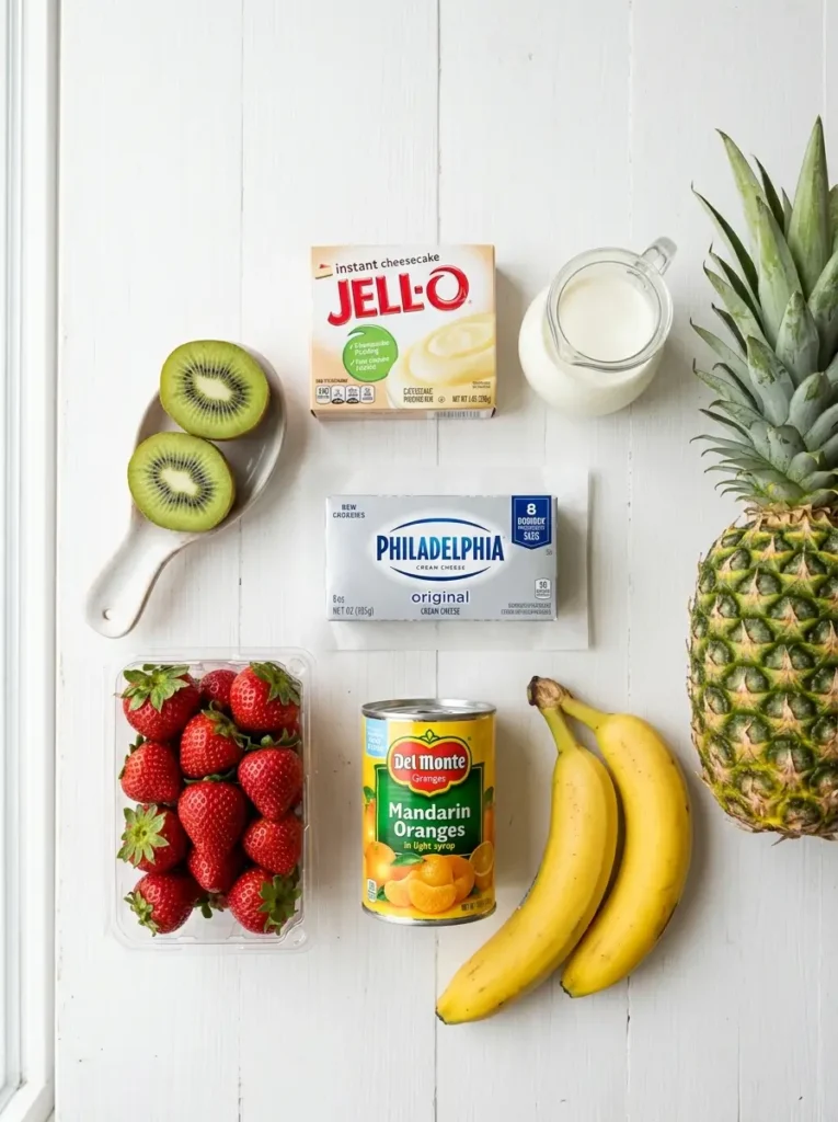 Overhead flat lay, block of cream cheese centred, box of instant cheesecake pudding mix, small jug of heavy cream, punnet of strawberries, whole pineapple, two kiwi fruits halved, can of mandarin oranges, two bananas, clean white background, soft even natural light
