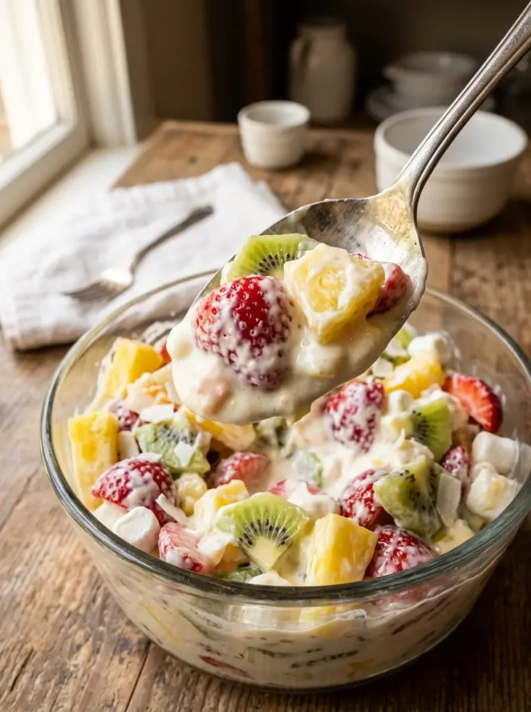 45-degree angle, a large serving spoon mid-scoop lifting a generous portion of Hawaiian cheesecake salad from a glass bowl, visible creamy white cheesecake coating on every piece of fruit, vibrant colours of strawberry red, pineapple yellow, kiwi green, warm natural light