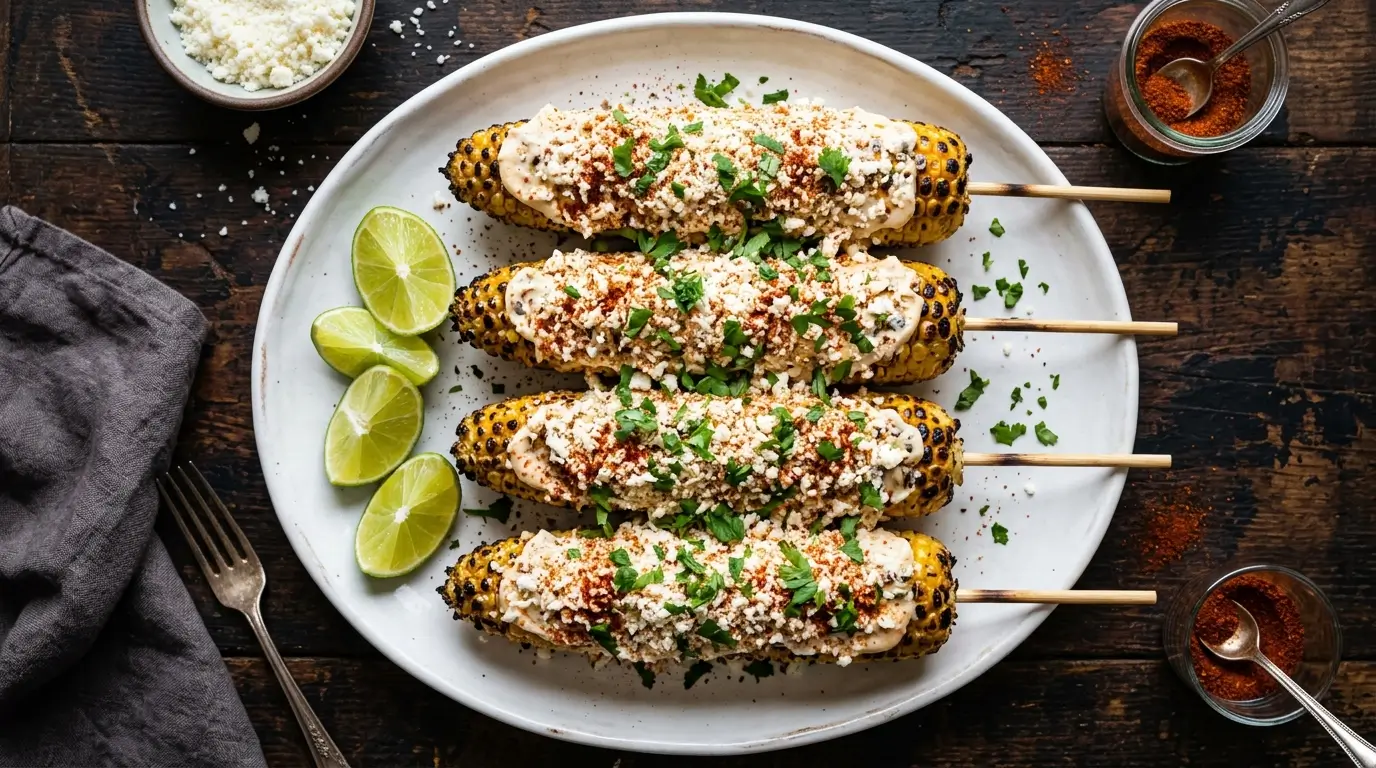 Mexican street corn recipe four grilled elote on white plate with cotija cheese chili powder cilantro lime