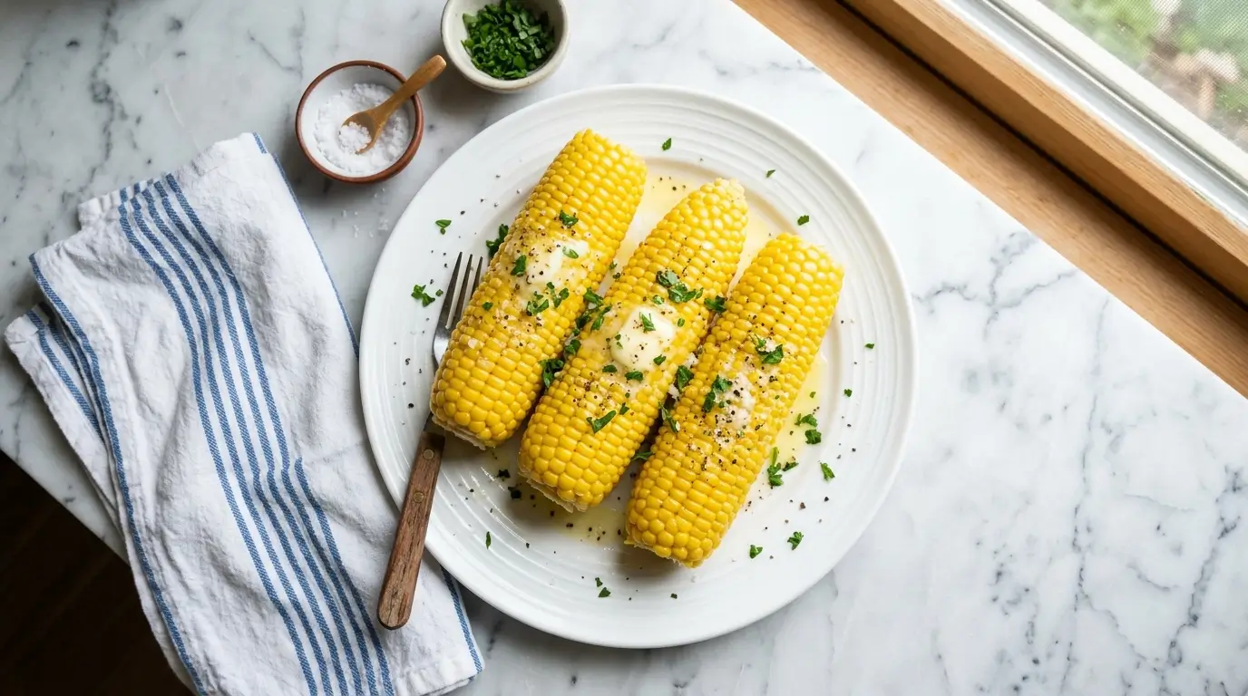 Microwave corn on the cob three buttered ears on white plate with salt pepper and fresh parsley overhead