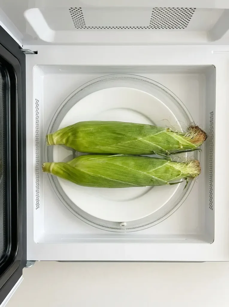 Microwave corn on the cob husk being removed after cooking showing clean silk-free yellow kernels