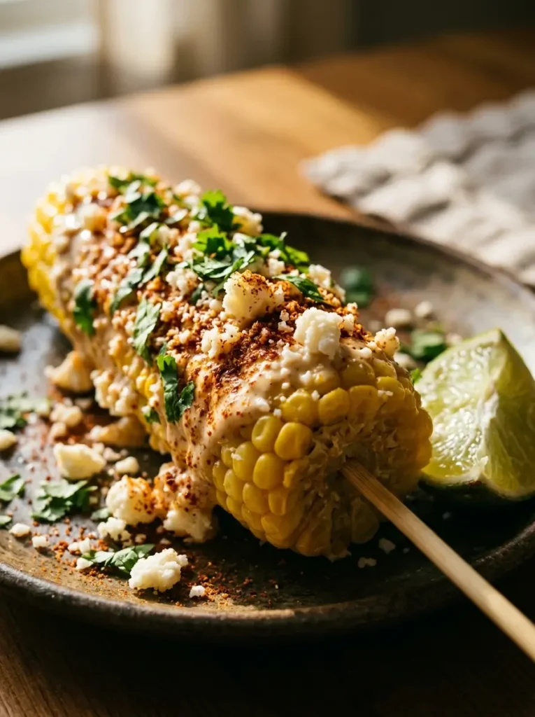 Microwave corn on the cob dressed as Mexican street corn with mayo cotija chili powder lime closeup