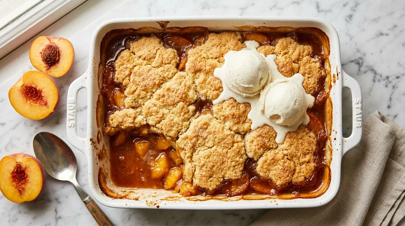 Overhead angle, white ceramic 9x13 baking dish filled with golden-topped peach cobbler, visible bubbling orange peach filling around the edges of the golden biscuit topping, two scoops of vanilla ice cream melting over the top right corner, fresh peach halved alongside, white marble surface, warm natural window light