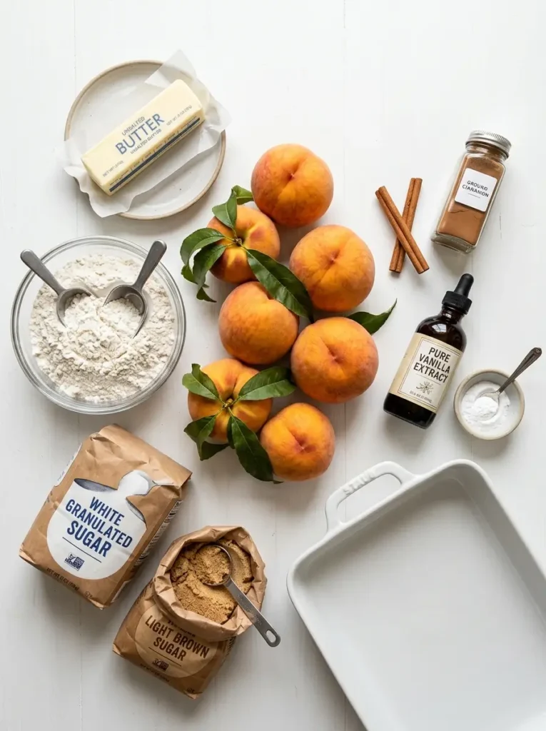 Overhead flat lay, six deeply ripe golden-orange peaches centred, stick of cold butter, glass bowl of all-purpose flour, bags of white and brown sugar, cinnamon sticks and ground cinnamon, vanilla extract bottle, small bowl of baking powder, white ceramic baking dish, clean white background, soft even natural light
