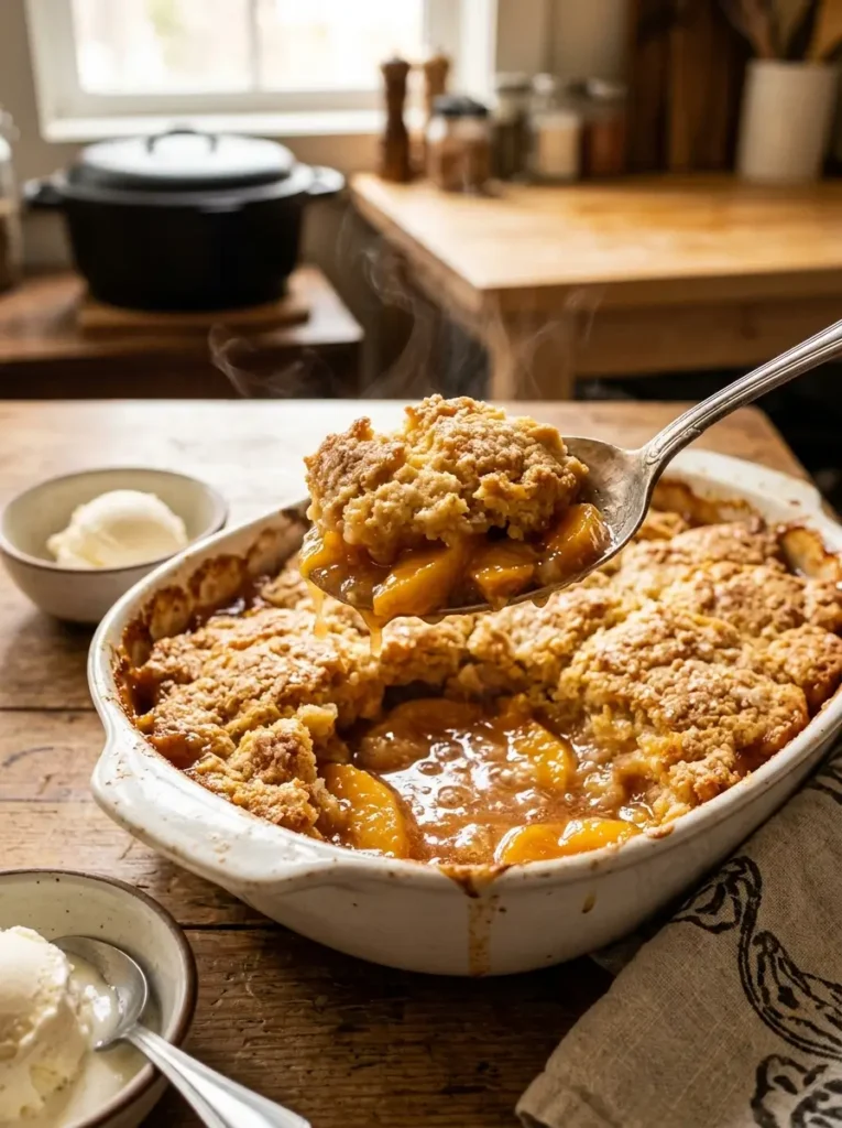 45-degree angle, large white ceramic baking dish, a large serving spoon mid-scoop lifting a generous portion of golden-topped peach cobbler, visible bubbling orange-gold peach filling underneath, steam rising slightly, warm dramatic kitchen light